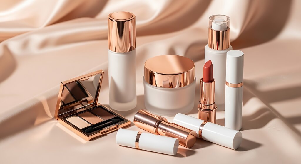 Luxury skincare and makeup set with golden packaging on soft pink fabric background. limited edition beauty bundles