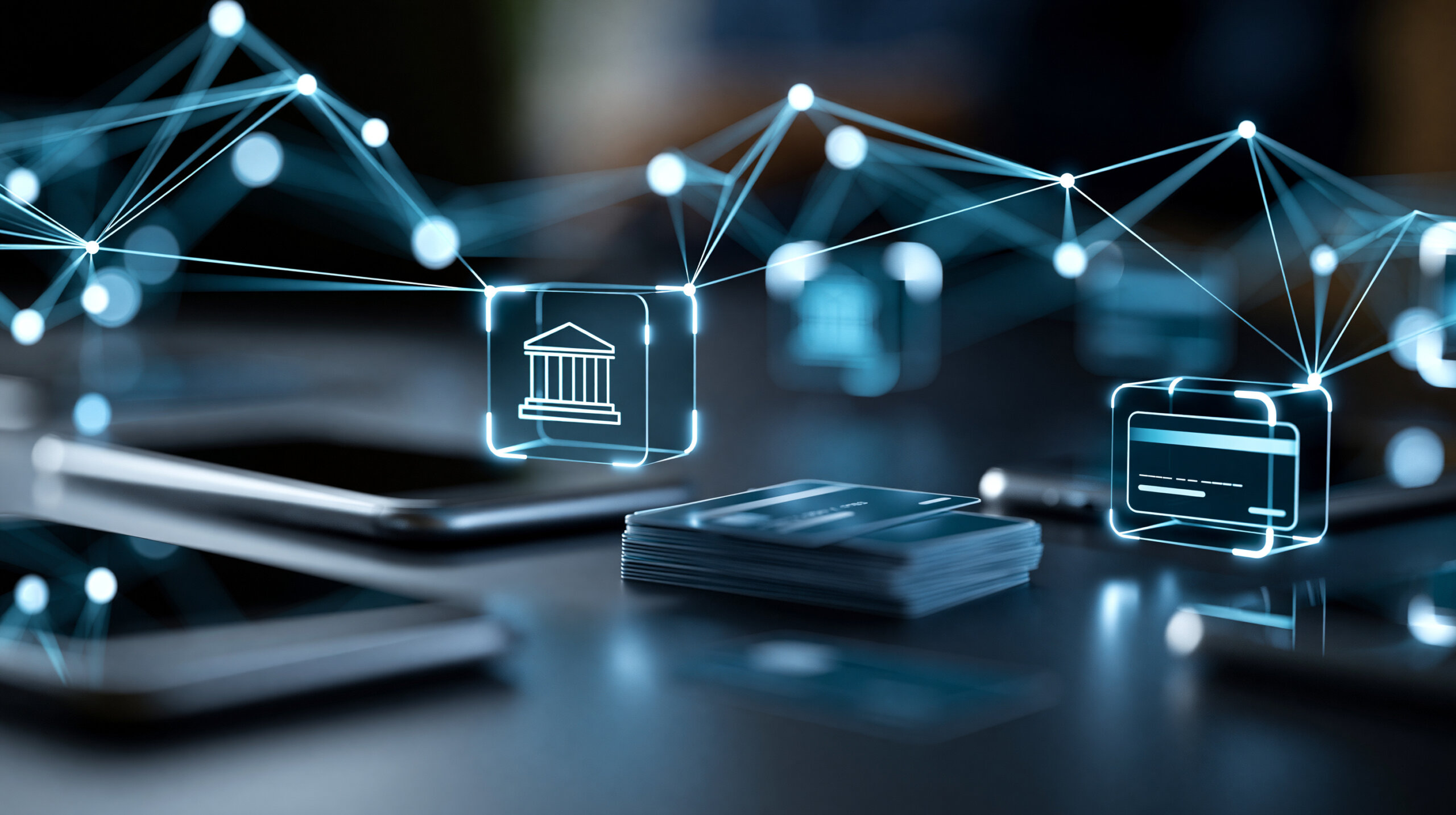 Glowing network of financial transaction nodes connecting smartphones cards and bank icons on dark abstract background representing global fintech ecosystem, digital finance