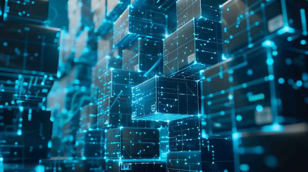 futuristic warehouse with interconnected, glowing blue digital lines and floating boxes, representing an AI driven supply chain management system optimizing logistics
