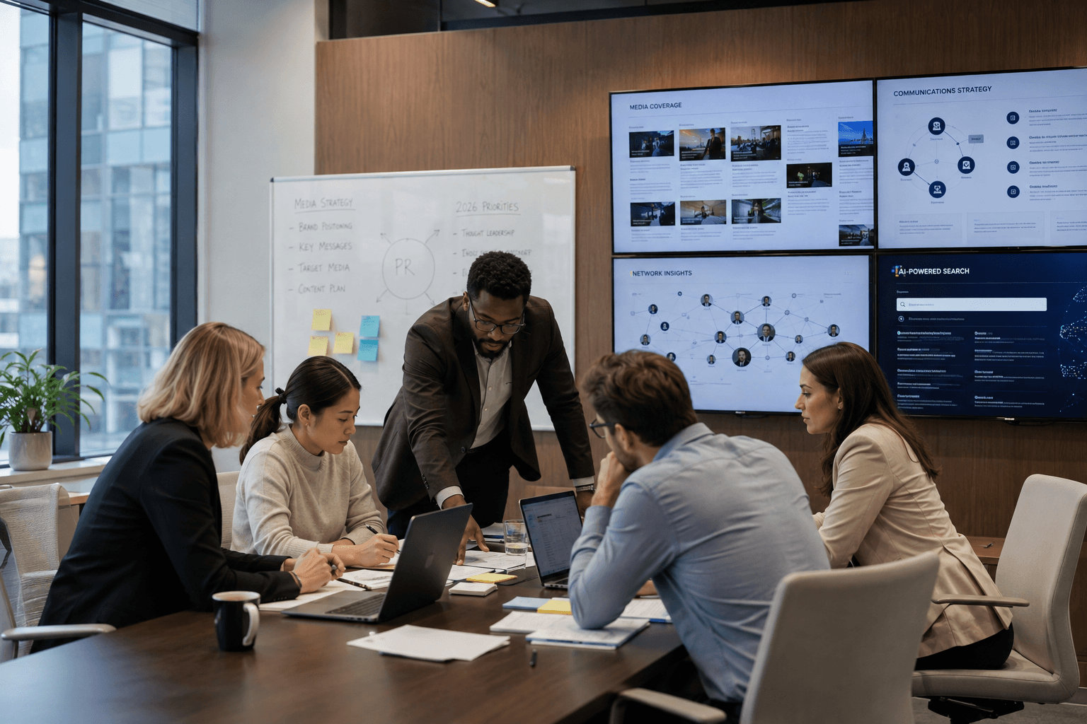 B2B PR professionals collaborating around a conference table with digital media coverage, communications strategy, network insights, and AI-powered search displayed on screens.