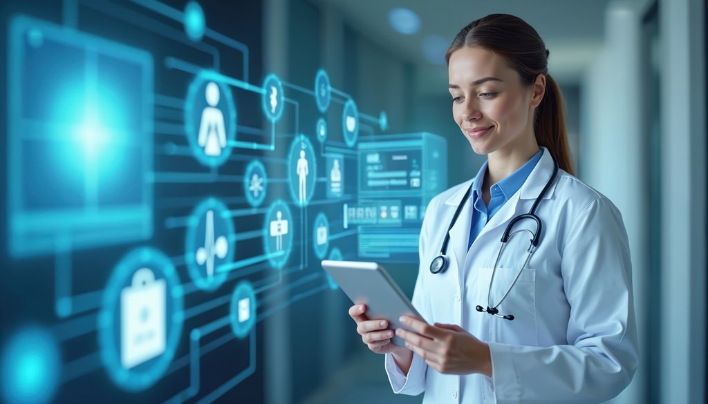 Doctor uses tablet. Telemedicine, digital healthcare tech, innovative medical devices, medical app. Modern healthcare concept shows connection, support. Digital health records, consultation
