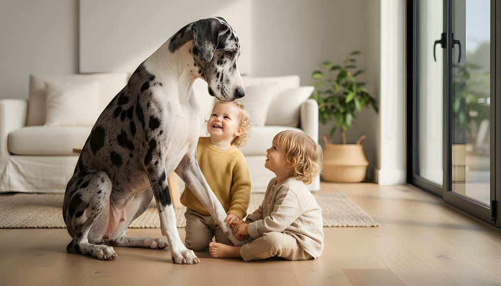 Gentle great dane with children sitting together in a sunlit home, representing a friendship and bonding concept for animals and pets in a modern family lifestyle setting