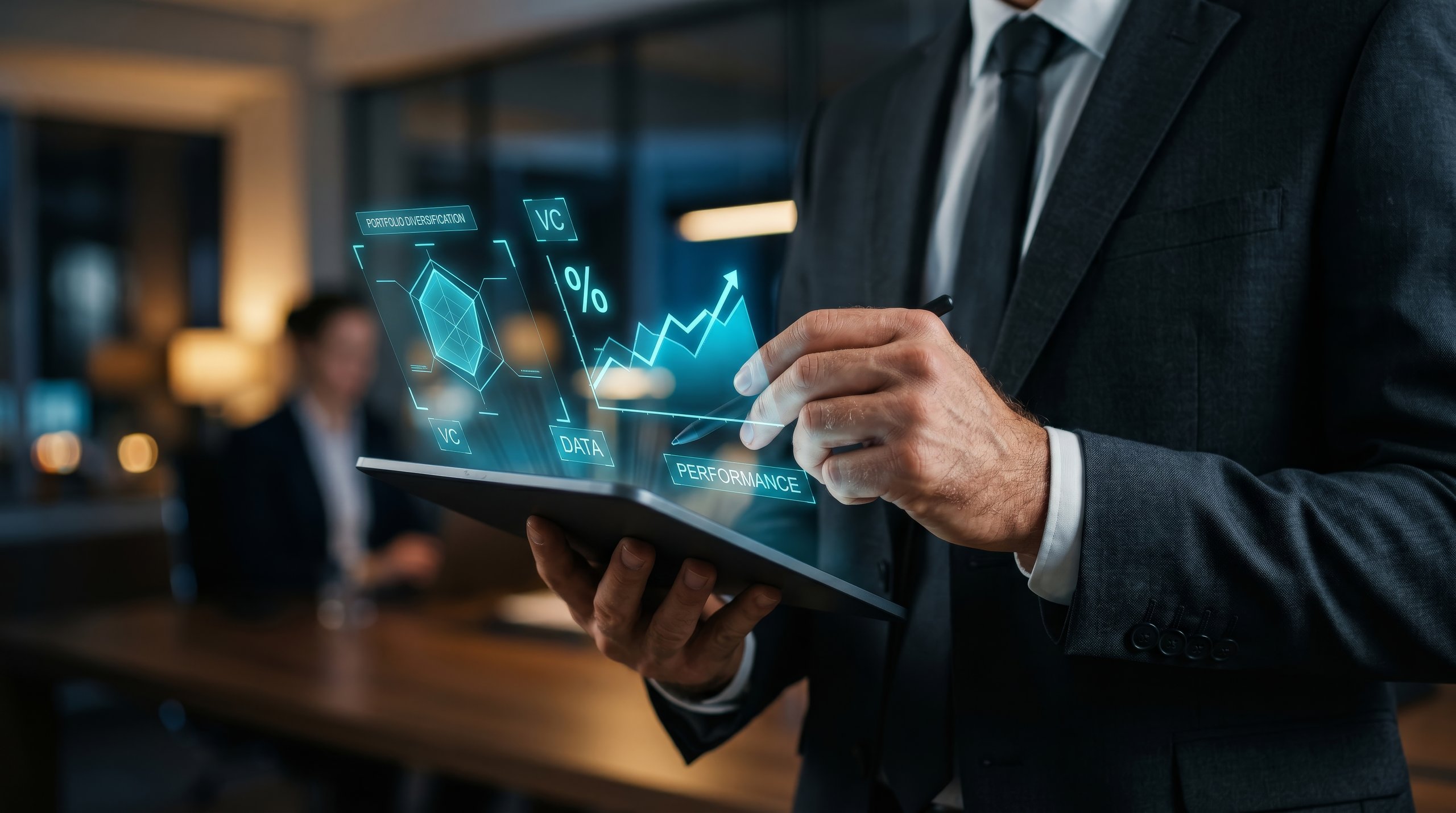 Businessman holding tablet with holographic VC funding dashboard and growth chart. Venture capital investment, financial analytics, and startup business concept.