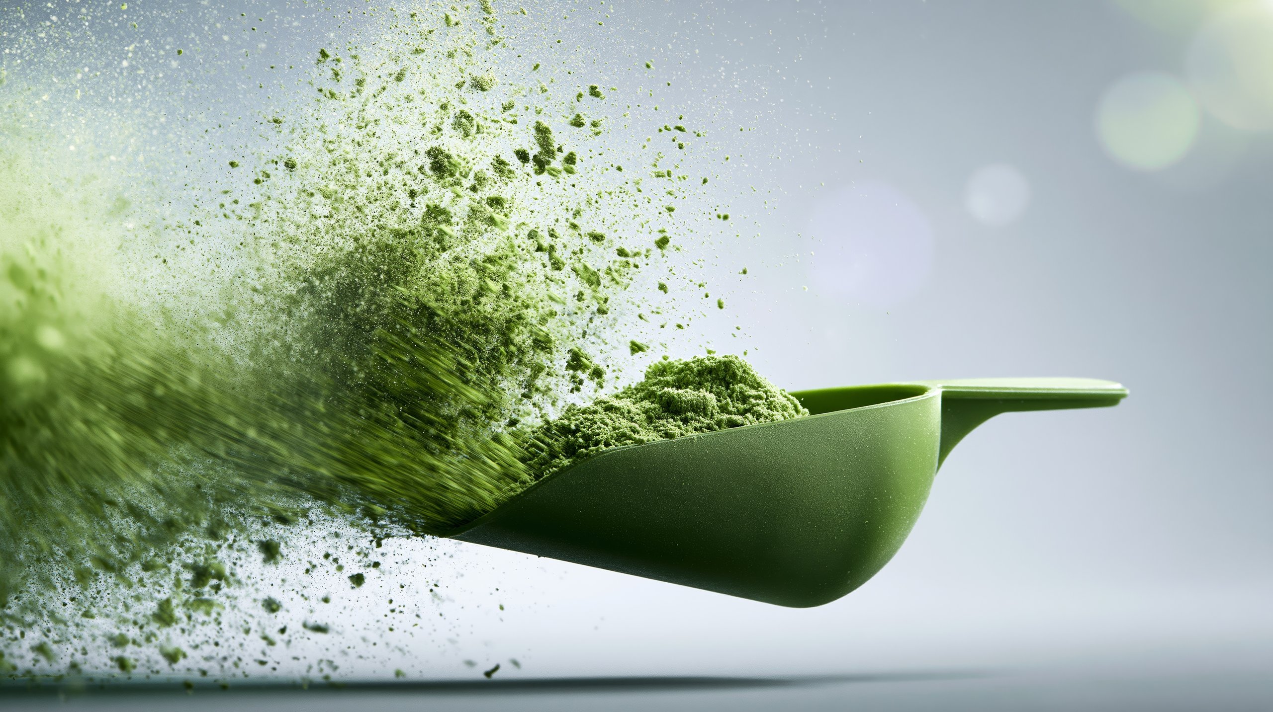 Green powder supplement bursting from a scoop, creating a dynamic cloud. Concept of health, nutrition, and energy