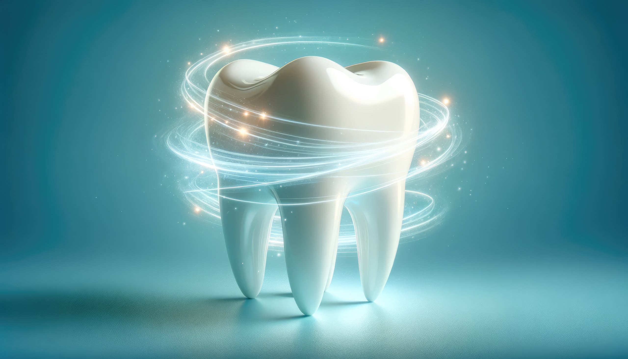 White tooth with swirling light effects creating an aura of cleanliness and health, set against a blue background