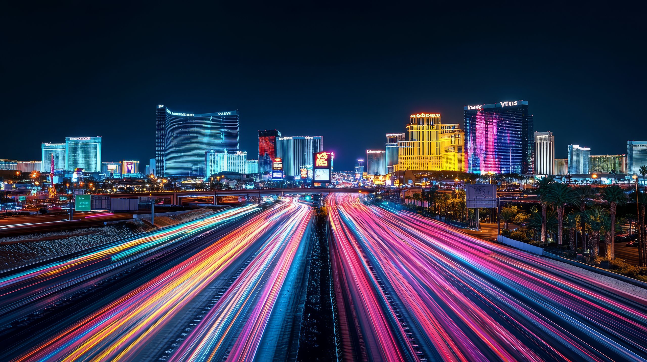 Las Vegas Strip Night Lights and Traffic - A breathtaking view of the Las Vegas Strip at night, showcasing vibrant lights, fast-moving traffic, and the iconic skyline of the city.