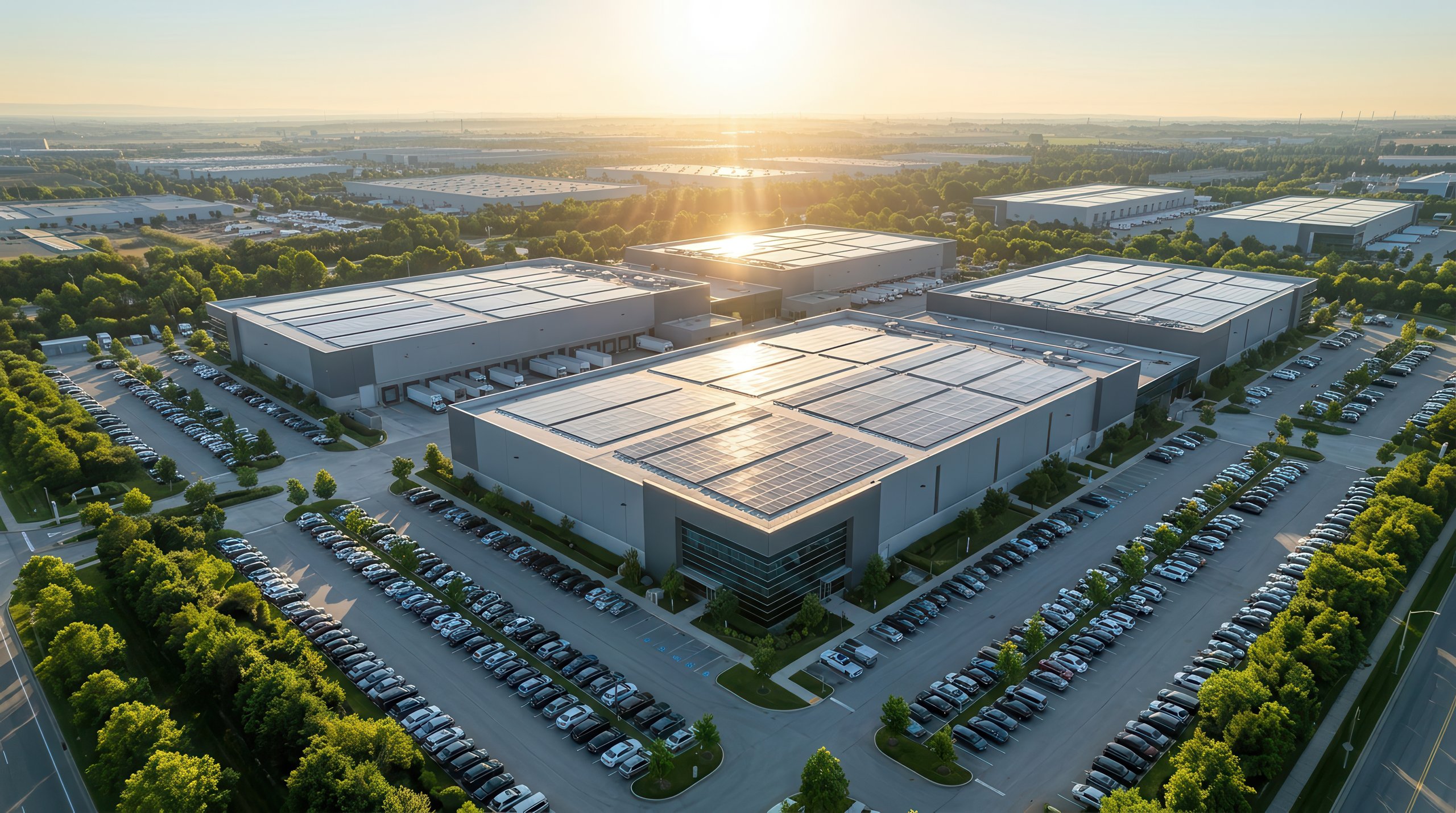 Modern Data Center Campus Featuring Solar Panels On Building Rooftops.