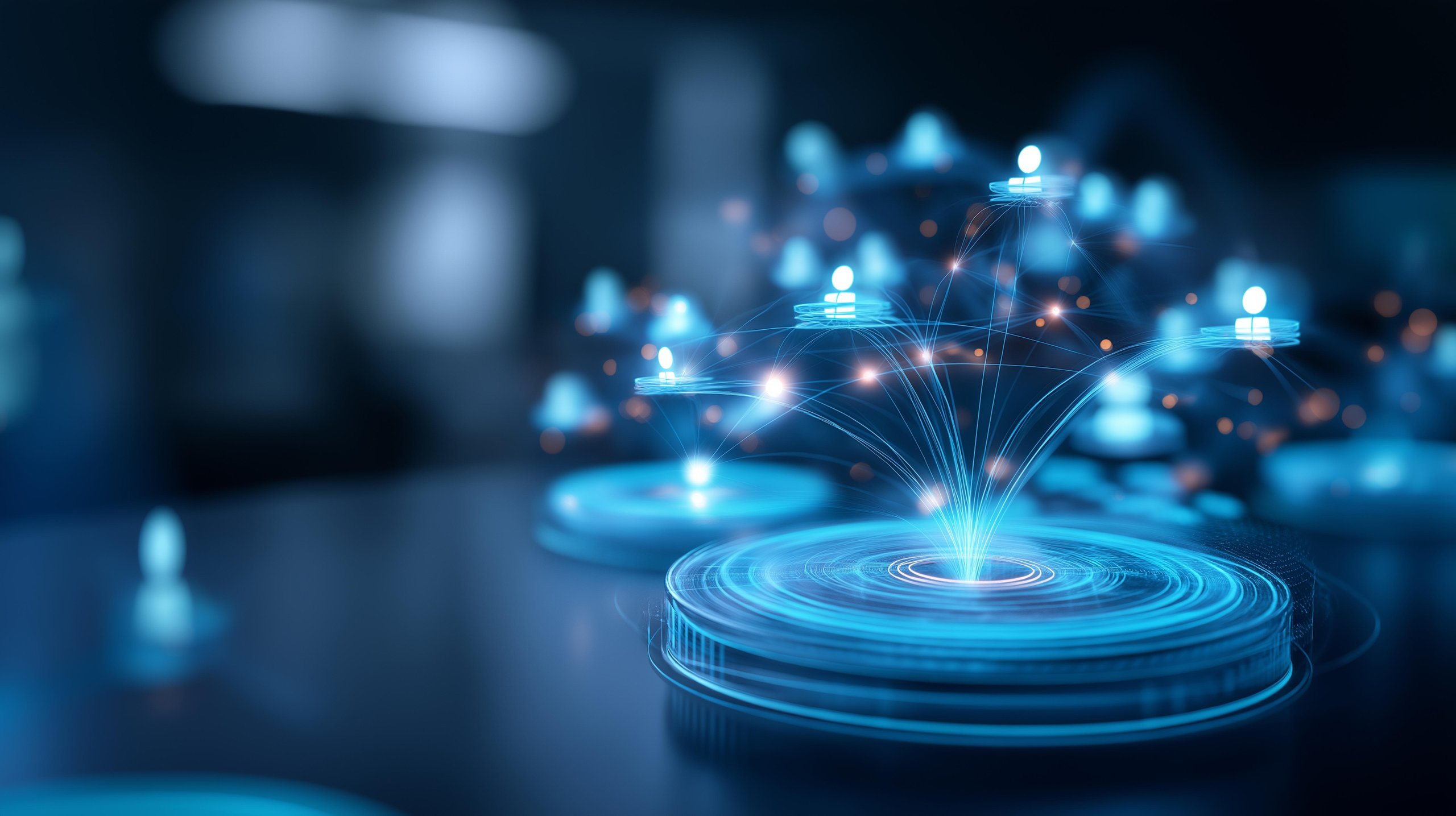 Floating Hologram Composition Of Glowing Ai Agent Icons Orchestrating Tasks Across Chat Data Calls And Content Above A Clean Bright Platform Ai Agents Task Orchestration